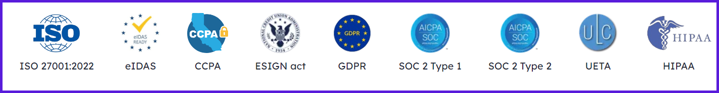 Logos of various compliance certifications including ISO, CCPA, GDPR, and HIPAA