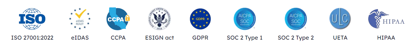 Logos of various compliance certifications including ISO, CCPA, GDPR, and HIPAA
