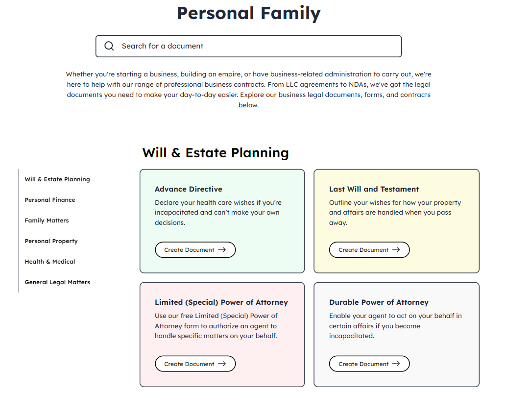 Web page layout showing various family-related legal documents including wills and power of attorney forms