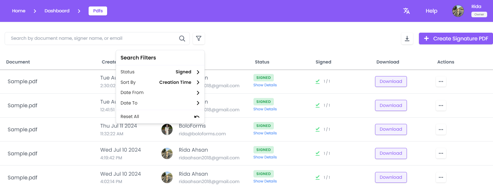 Screenshot of BoloForms dashboard displaying list of signed PDF documents with download options