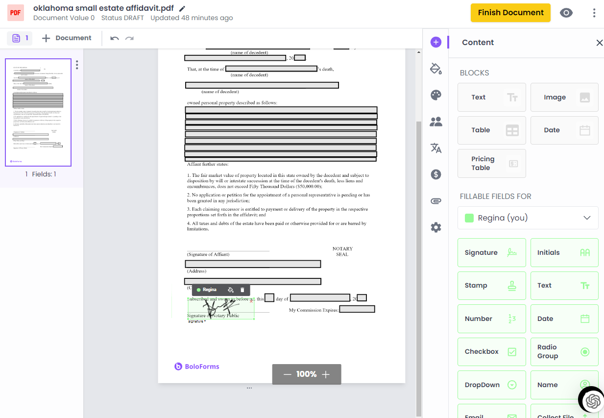 Signing a PDF in BoloSign Dashboard