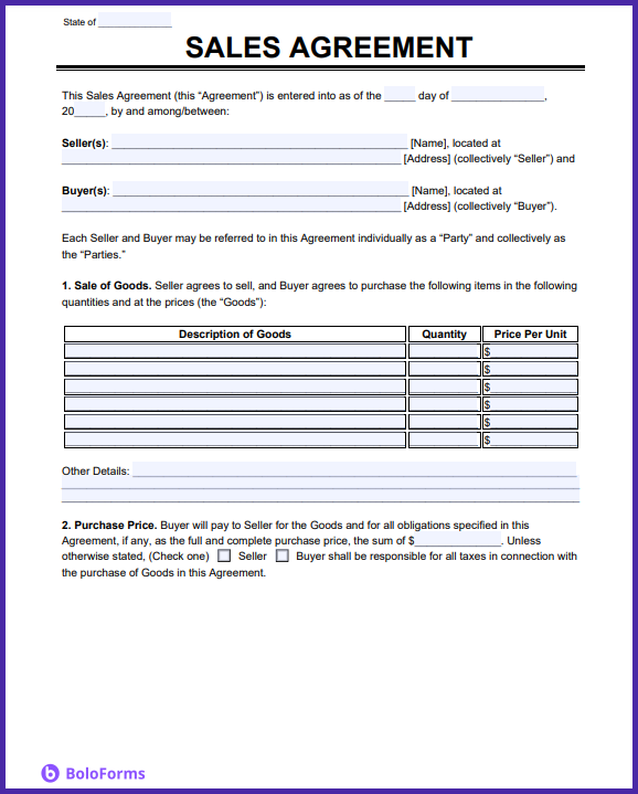 Preview of a comprehensive sales agreement template by BoloForms, detailing terms and goods