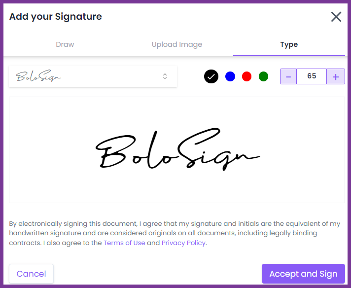Digital signature interface from BoloSign, featuring options to draw, upload, or type a signature