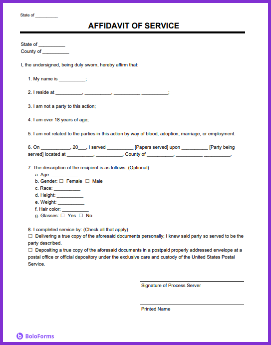 Sample affidavit of service form with fillable fields for name, address, service details, and signature