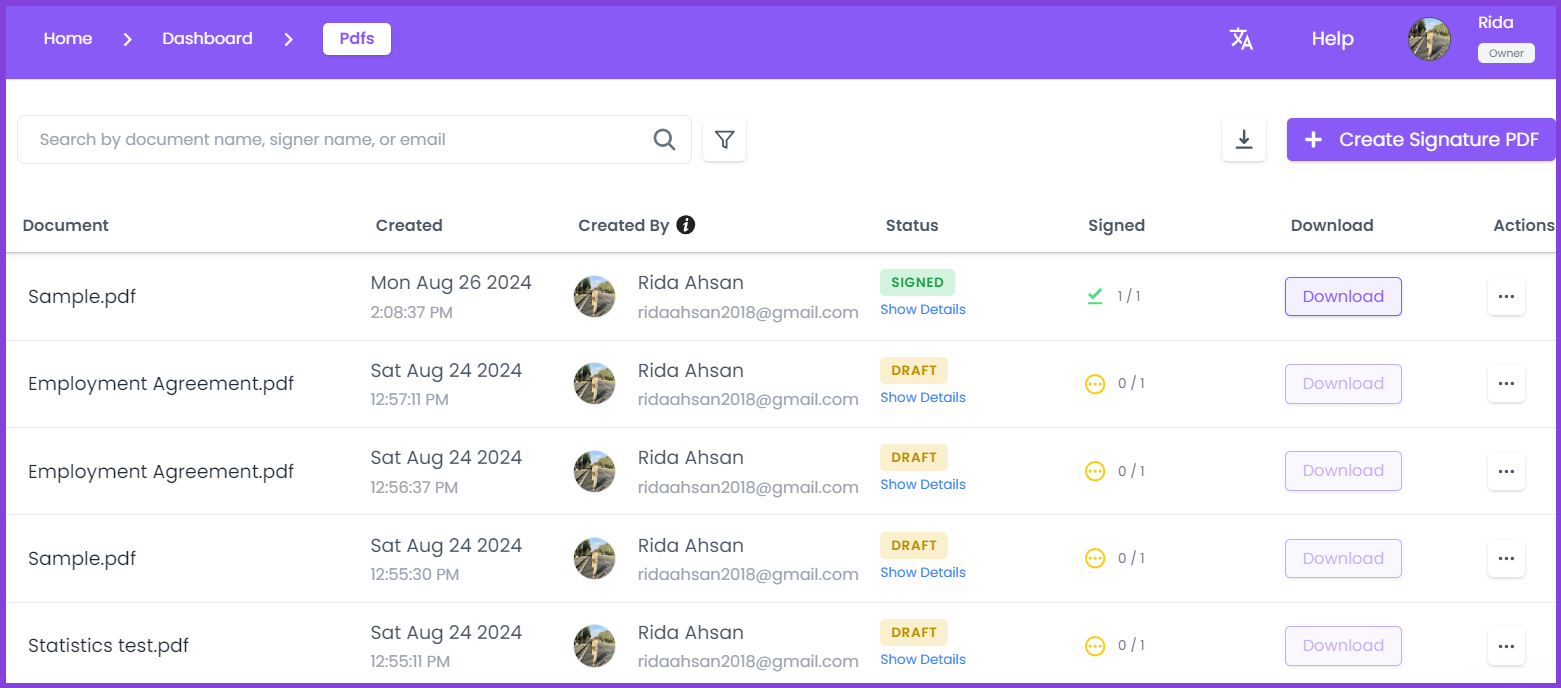 BoloForms dashboard showing document list, creation dates, signer info, status, and download options