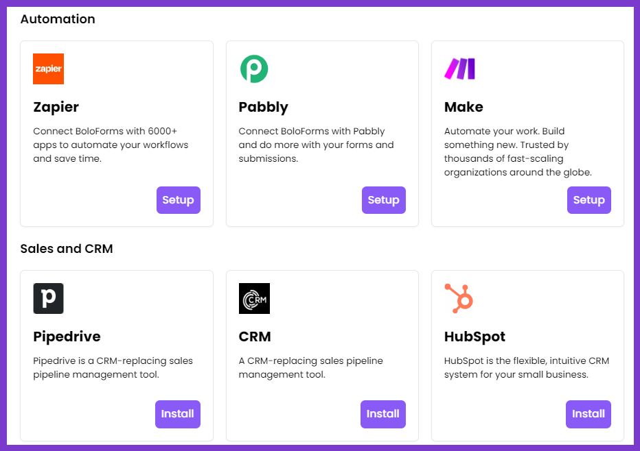 BoloForms integrations for automation and CRM with tools like Zapier, Pabbly, Make, Pipedrive, and HubSpot