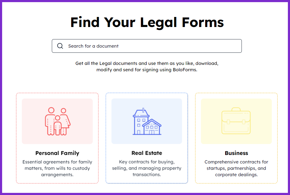 Legal forms available on BoloForms: personal, real estate, and business contracts for download and e-signature