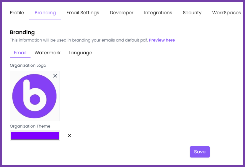 BoloForms branding settings to customize logos, themes, emails, and watermarks for personalized business documents
