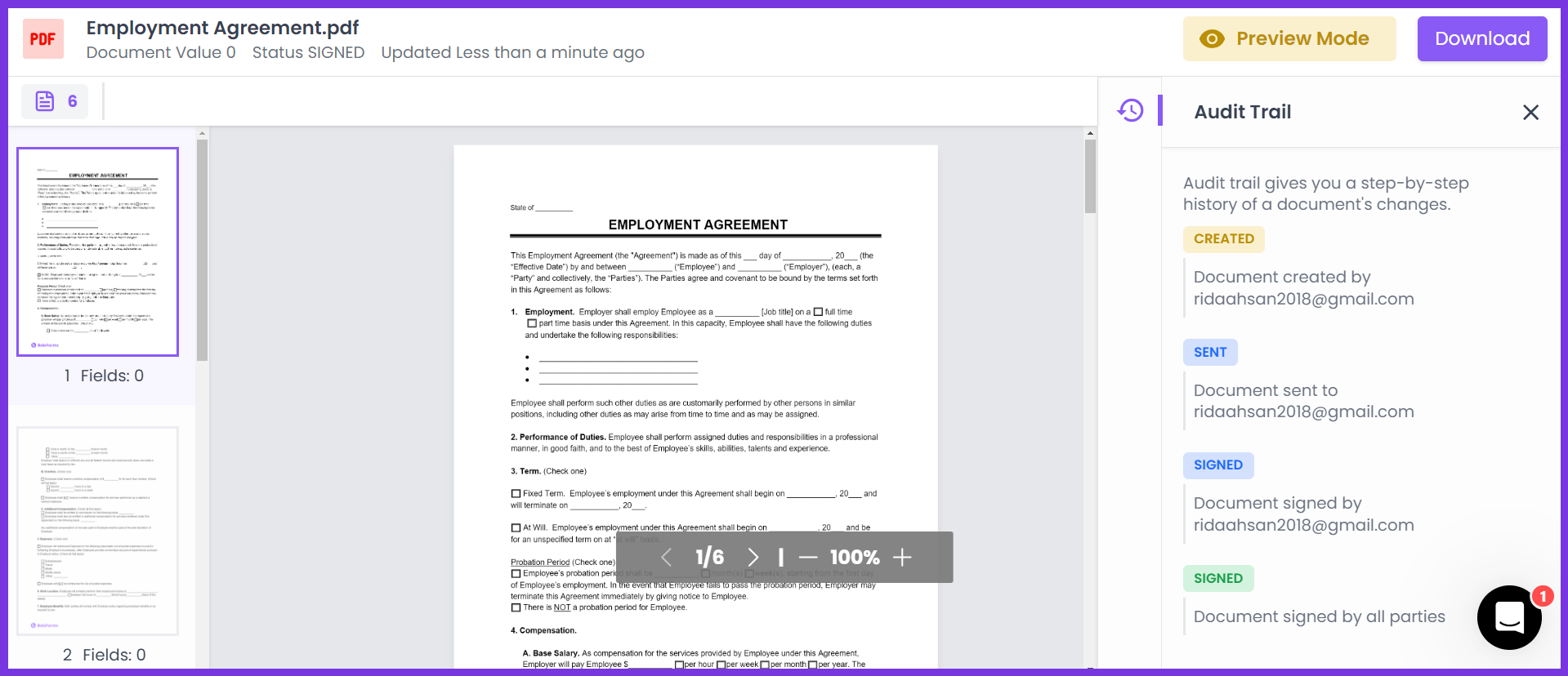 Screenshot showing an employment agreement PDF in a digital document management system