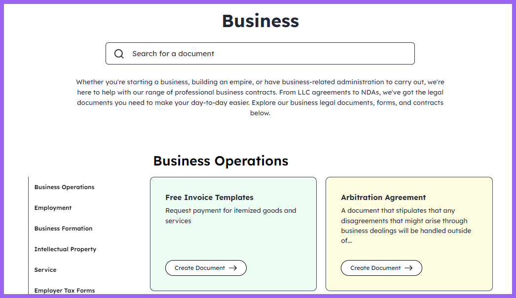 Webpage offering business document templates like invoices and arbitration agreements