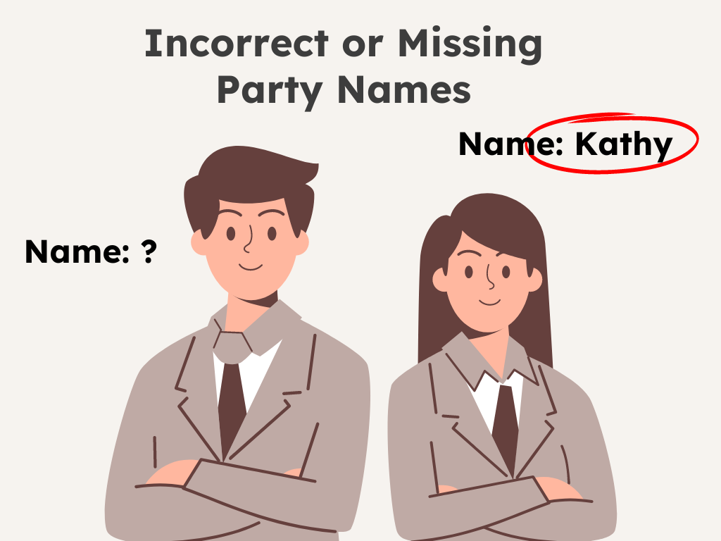 Illustration highlighting a contract mistake: missing or incorrect party names with one name missing and one listed as 'Kathy