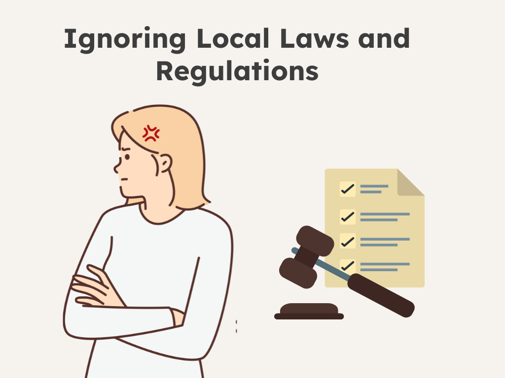 Illustration of a person appearing frustrated, symbolizing the mistake of ignoring local laws and regulations in real estate