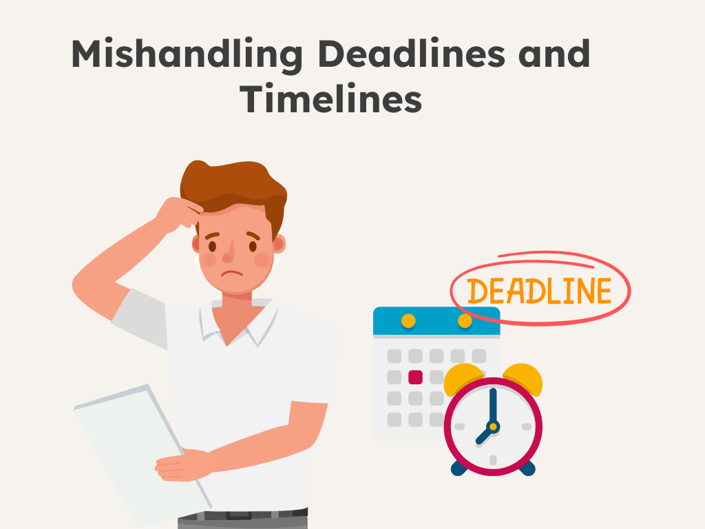 Illustration of a worried person with a calendar and clock, representing the mistake of mishandling deadlines and timelines.
