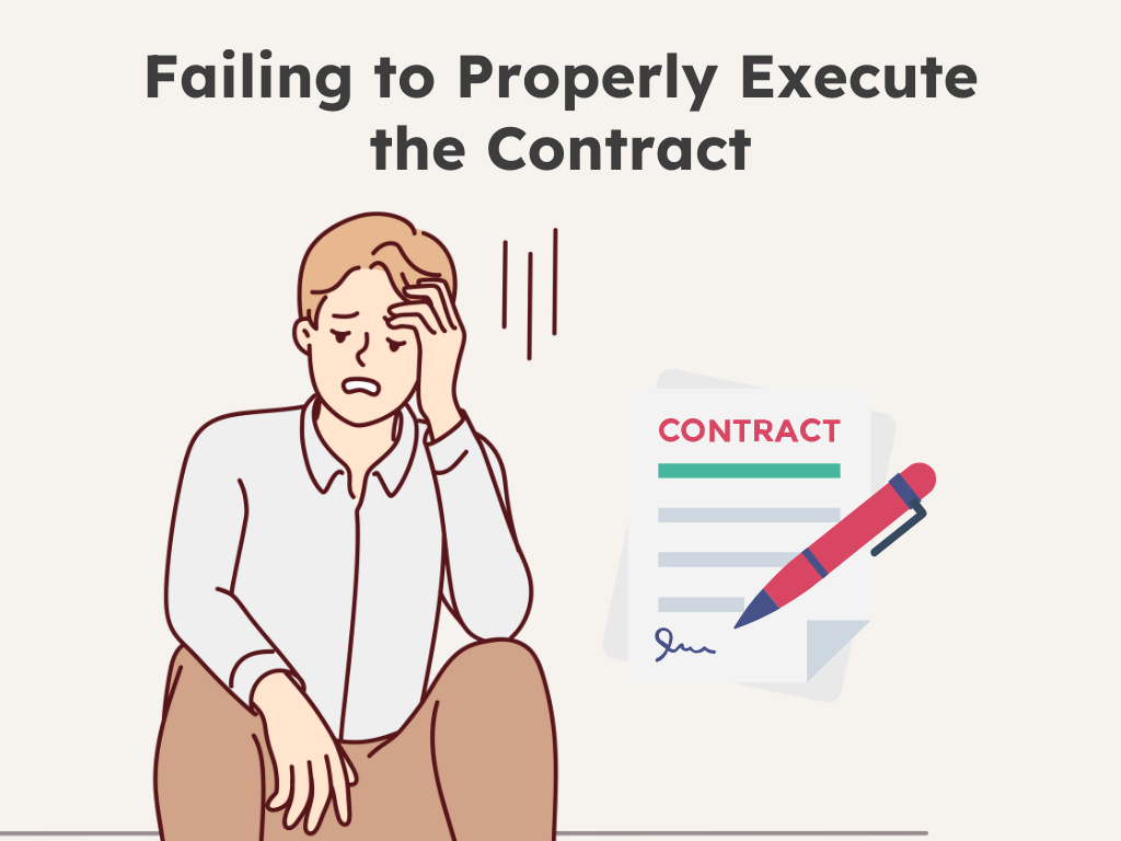 Illustration of a stressed person and an unsigned contract, representing the mistake of failing to properly execute a contract.