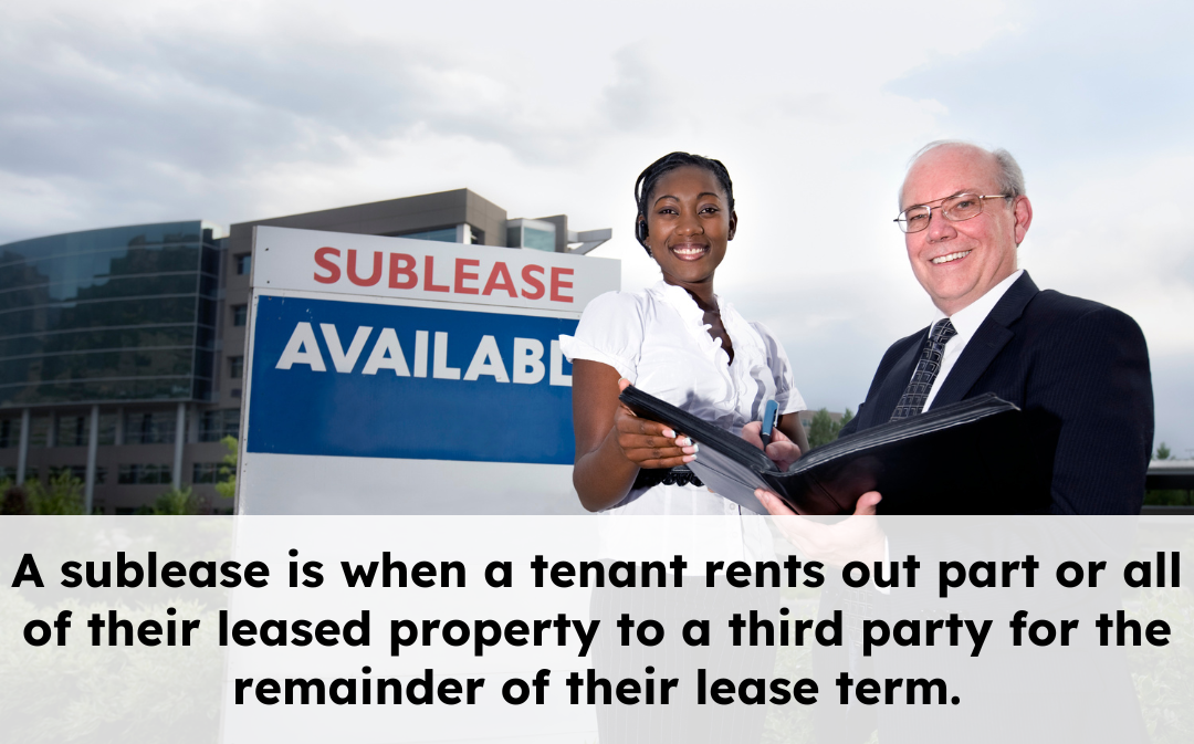 Two professionals with a sublease sign and commercial building