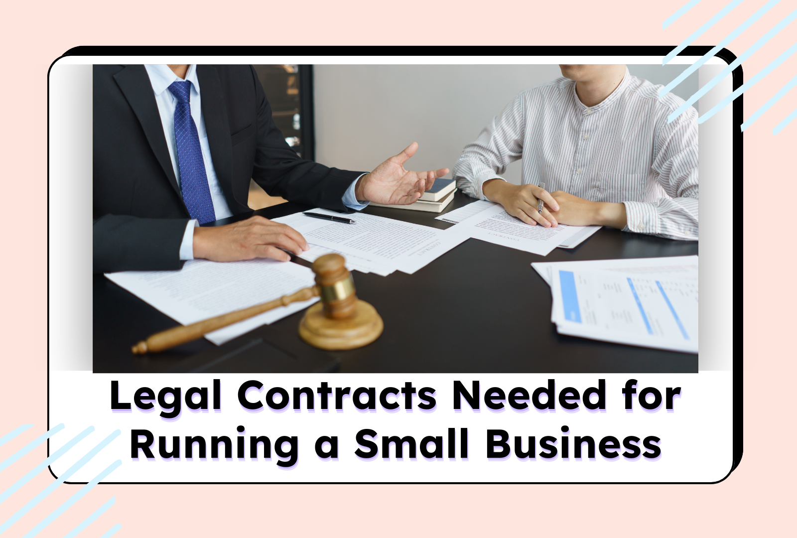Two business professionals discussing legal contracts at a desk with documents and a gavel.