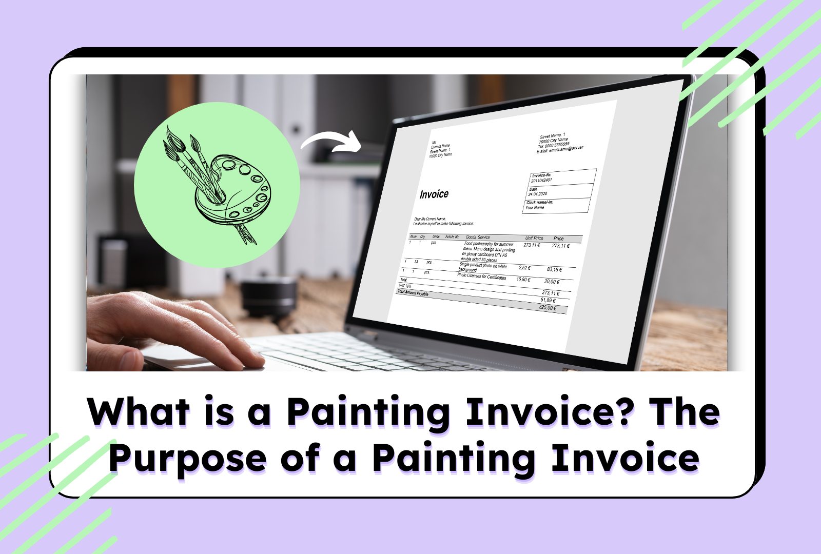 Graphic showing a laptop displaying a painting invoice, with artistic icons