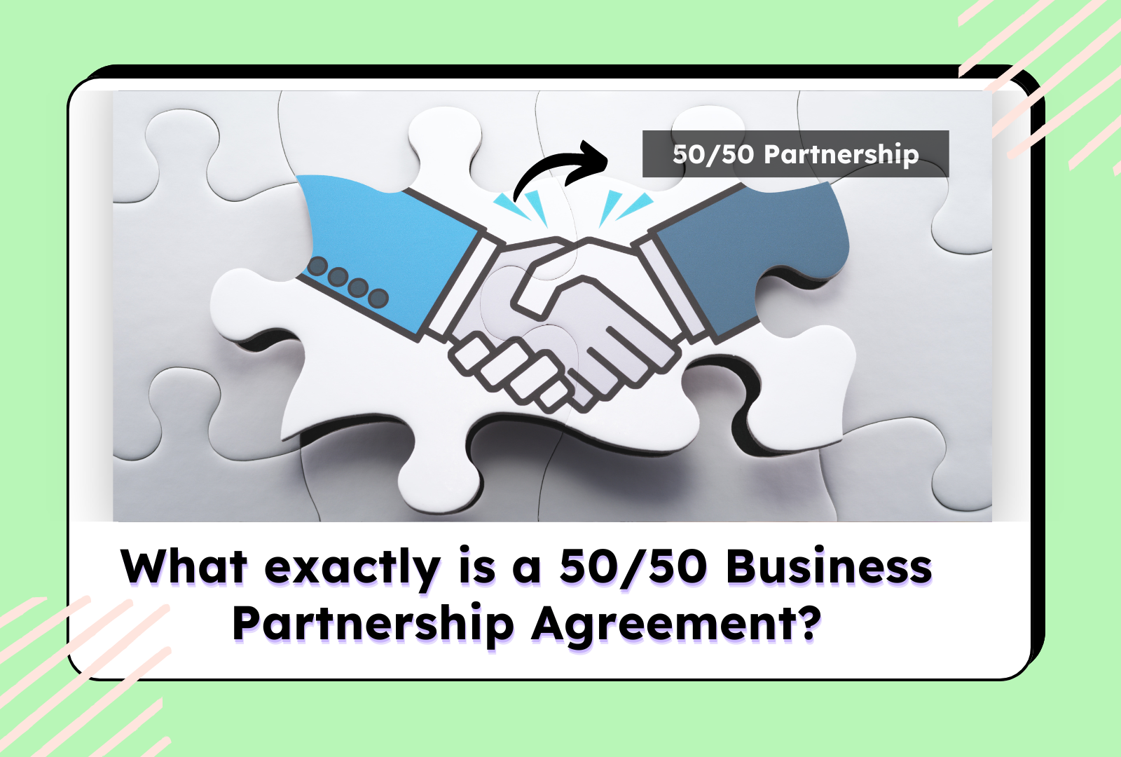 Puzzle pieces forming a handshake symbolizing a 50/50 business partnership agreement