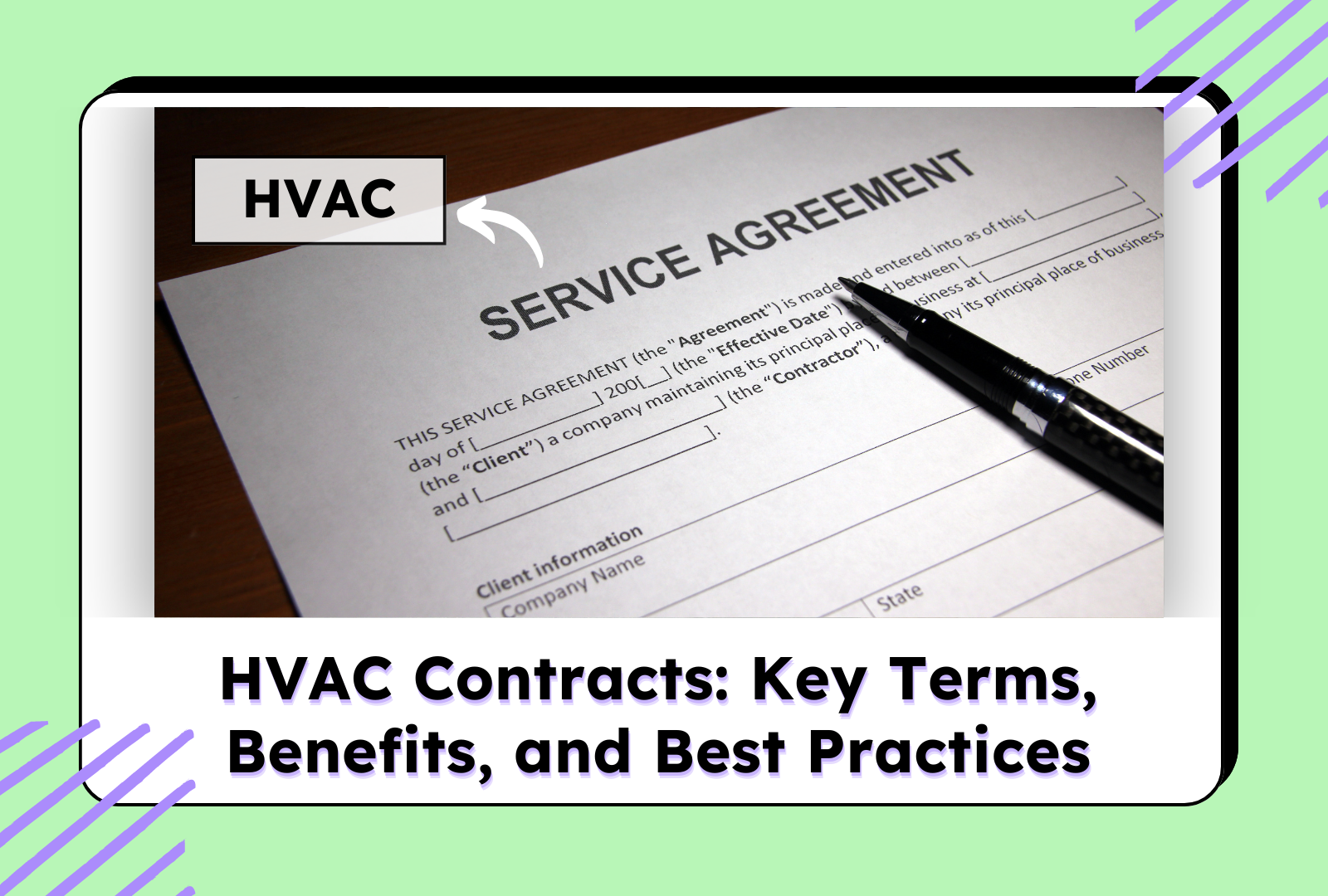 HVAC service agreement document with pen on top