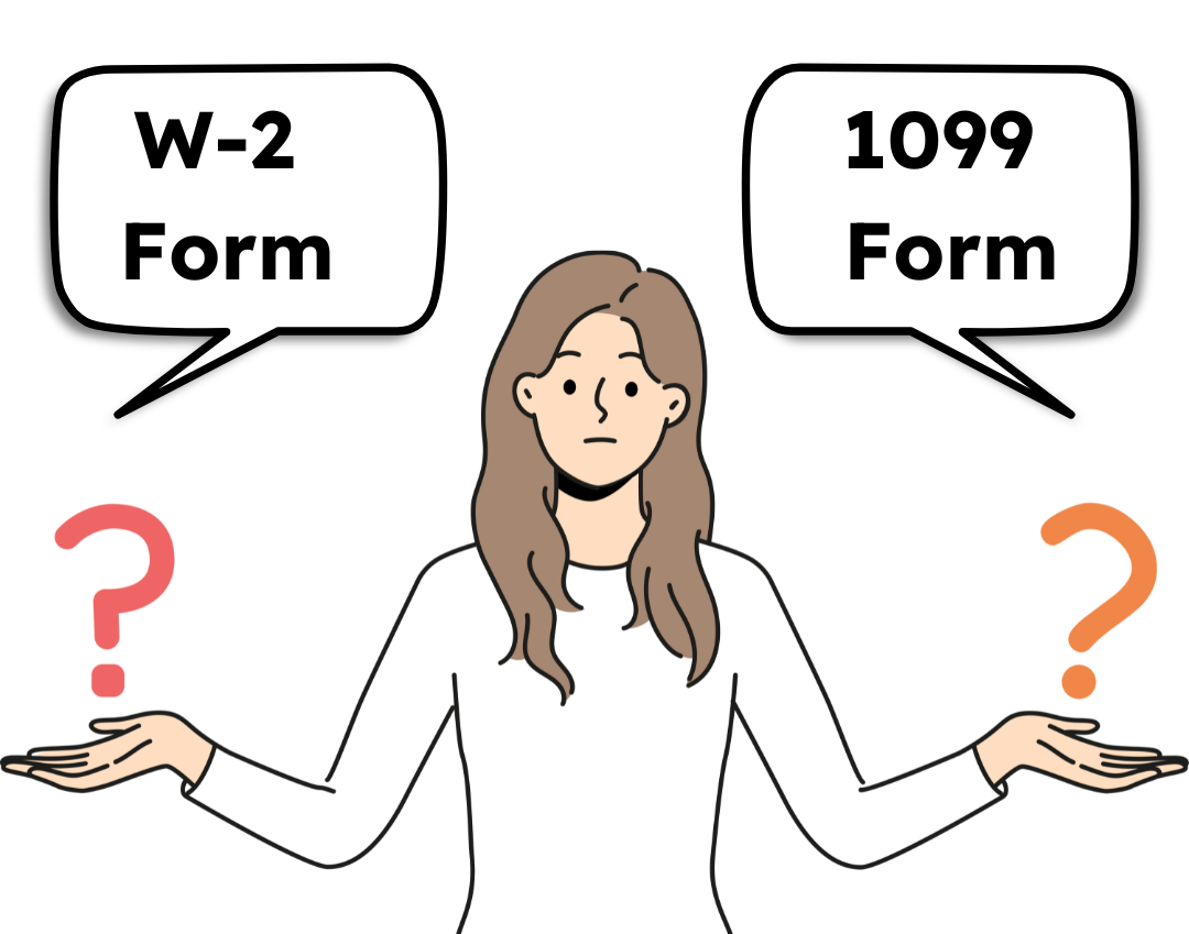 Illustration of a woman deciding between W-2 and 1099 tax forms