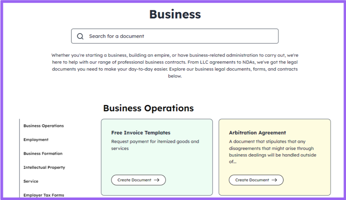 Webpage offering business document templates like invoices and arbitration agreements