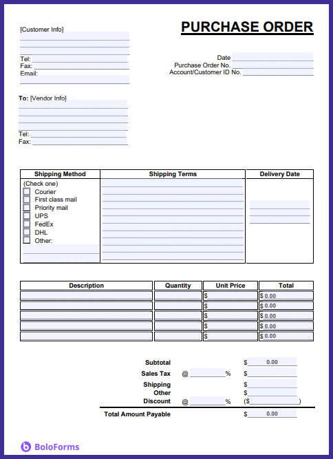Example of a BoloForms purchase order form template