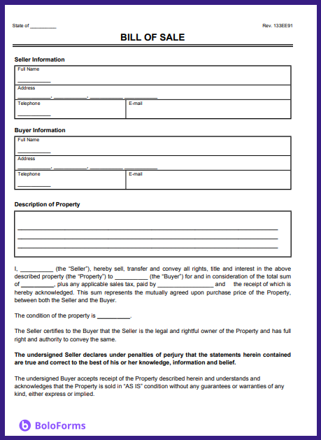 Bill of Sale form template by BoloForms featuring sections for seller and buyer information, and property description