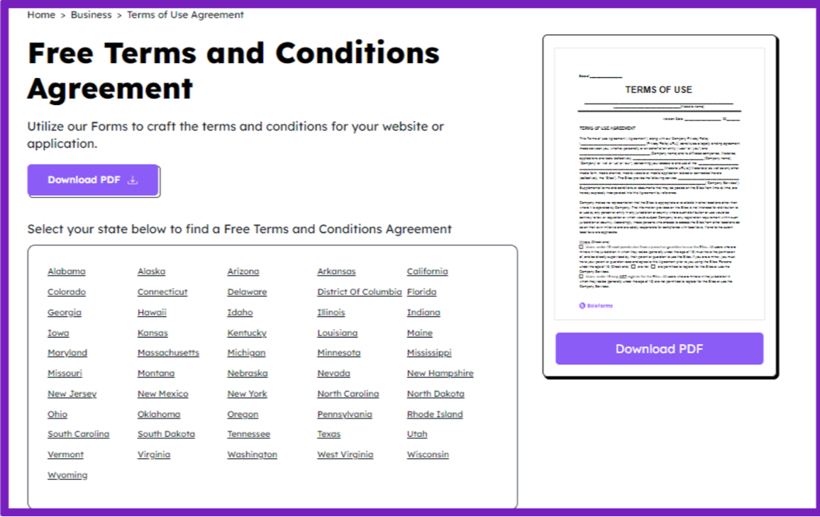 Webpage offering free Terms and Conditions templates by state with download option