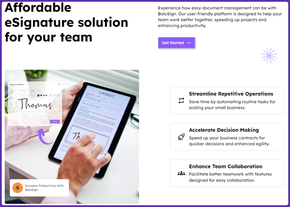 Advertisement for BoloSign eSignature solution showing a person using a tablet to sign a document