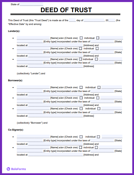 Deed of Trust template with sections for lender, borrower, and co-signer details