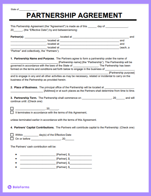 Sample template of a partnership agreement document provided by BoloForms