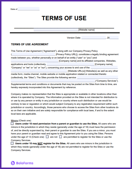 Sample template of a Terms of Use agreement for a website