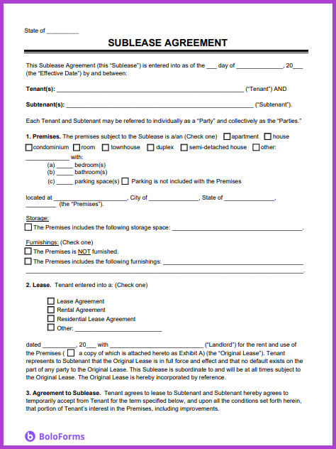 Sample sublease agreement form with fillable fields and clauses