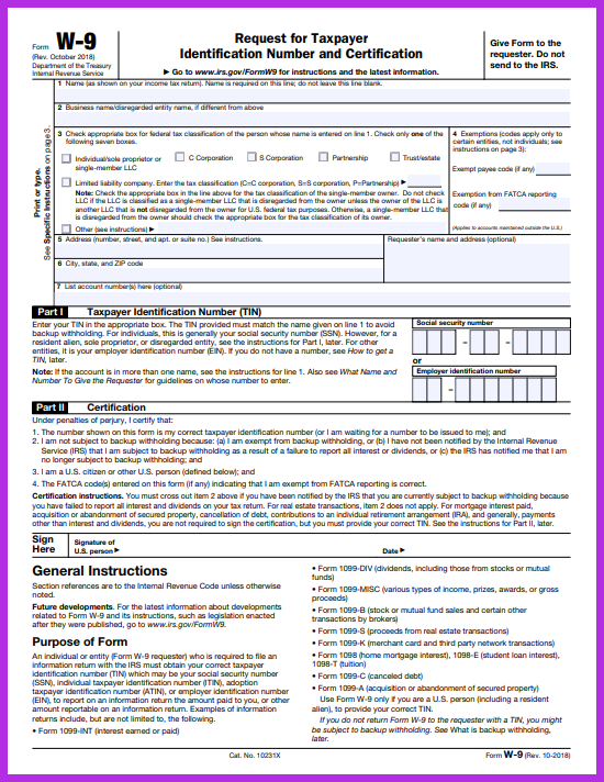 Detailed image of a W-9 Form showing various fields and instructions