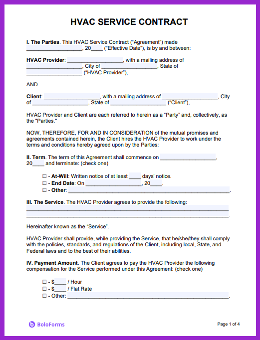 Sample page of an HVAC service contract detailing terms and conditions