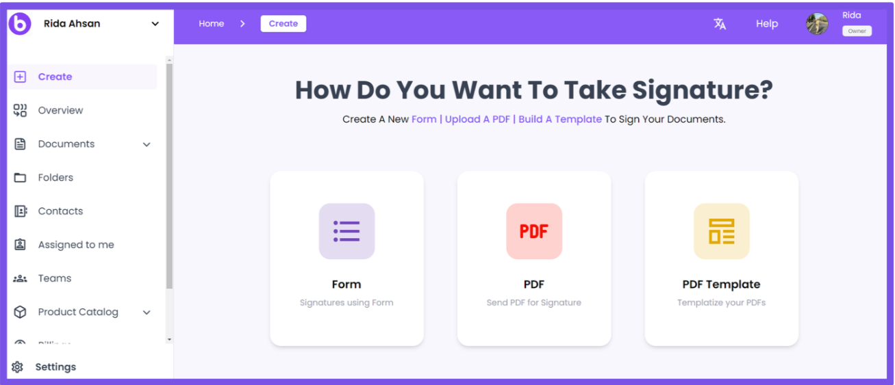 BoloSign interface showing options for signatures: Form, PDF, PDF Template