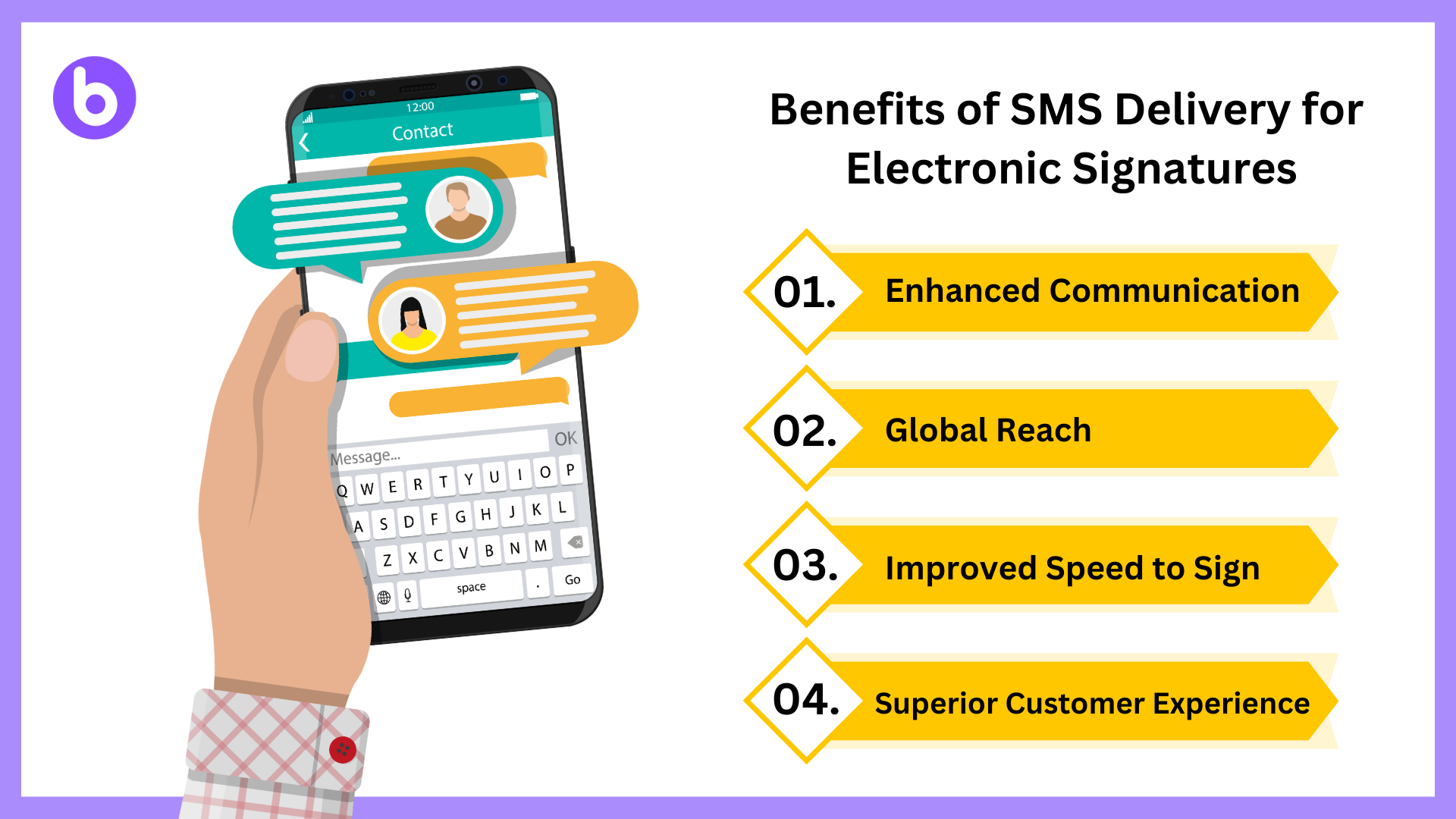 Phone showing messaging interface with SMS delivery benefits listed