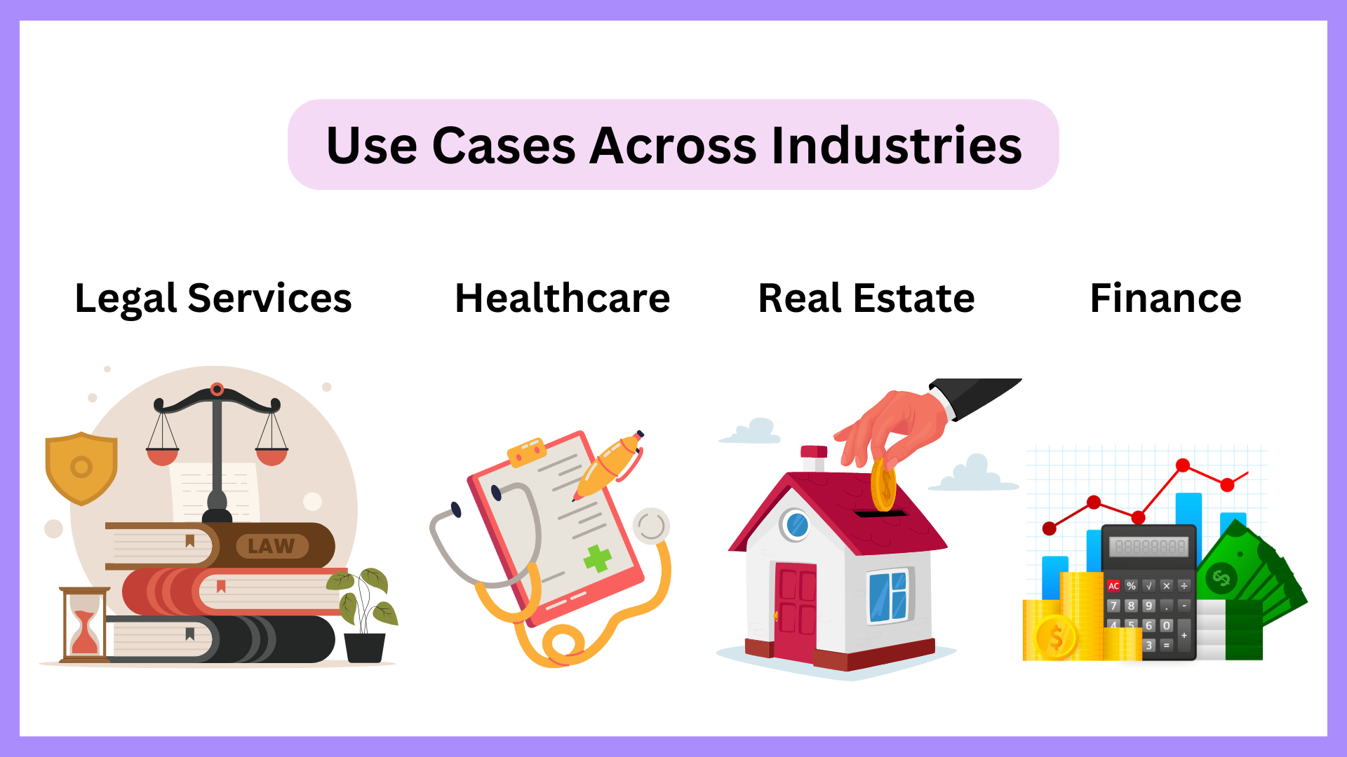 Icons showing industries like legal, healthcare, real estate, and finance