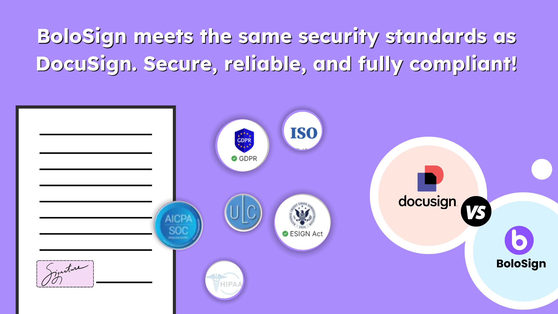 BoloSign meets the same security standards as DocuSign. Secure, reliable, and fully compliant!