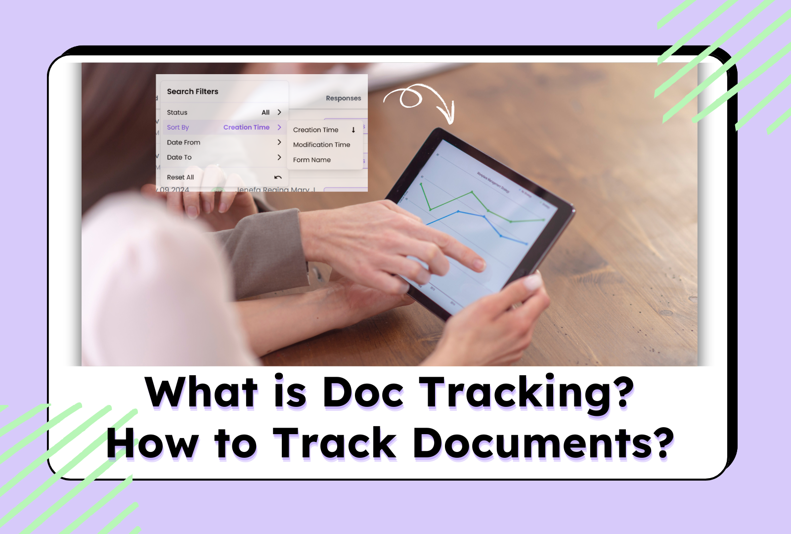 A tablet showing document tracking data and search filters, highlighting how to track documents effectively.