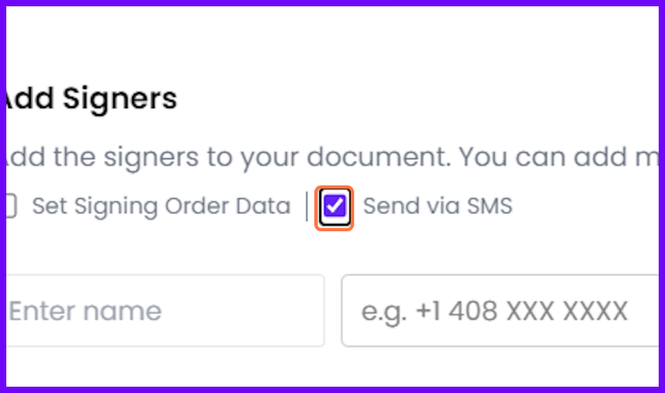 Highlighted SMS checkbox in add signers section of the interface