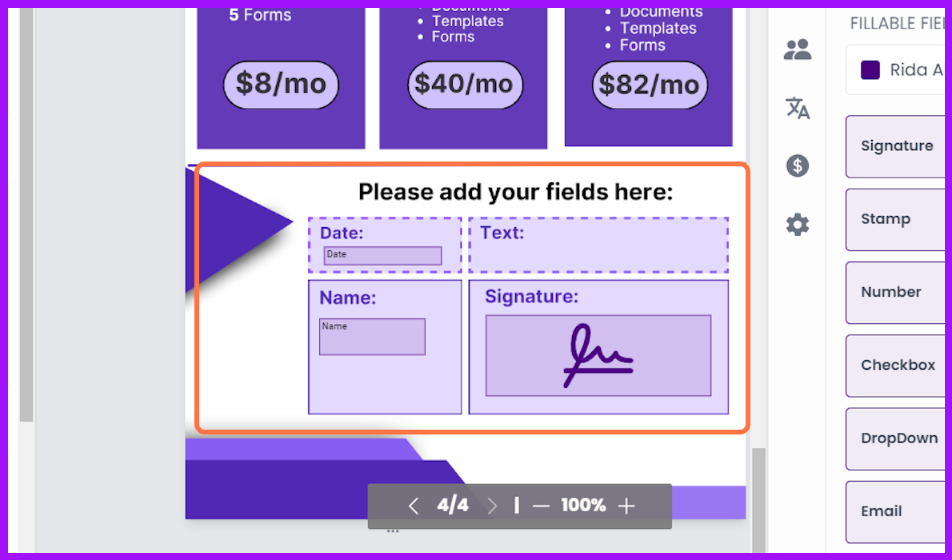 Interface for adding date, text, name, and signature fields to a document