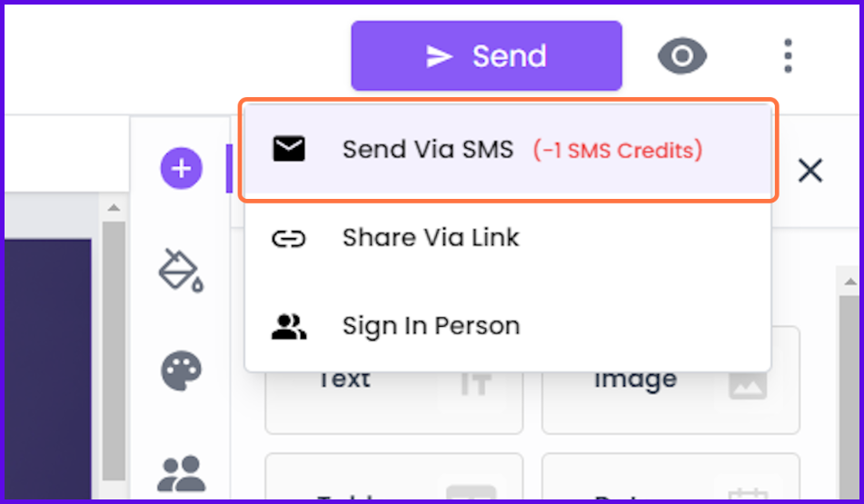 Send via SMS option highlighted with SMS credit usage