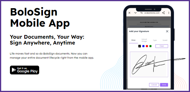BoloSign mobile app interface with signing feature displayed