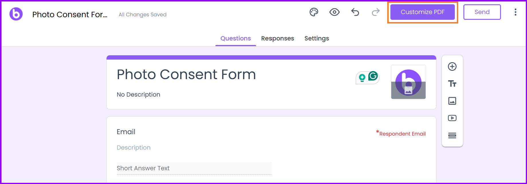 Photo Consent Form in BoloSign with customize PDF option highlighted