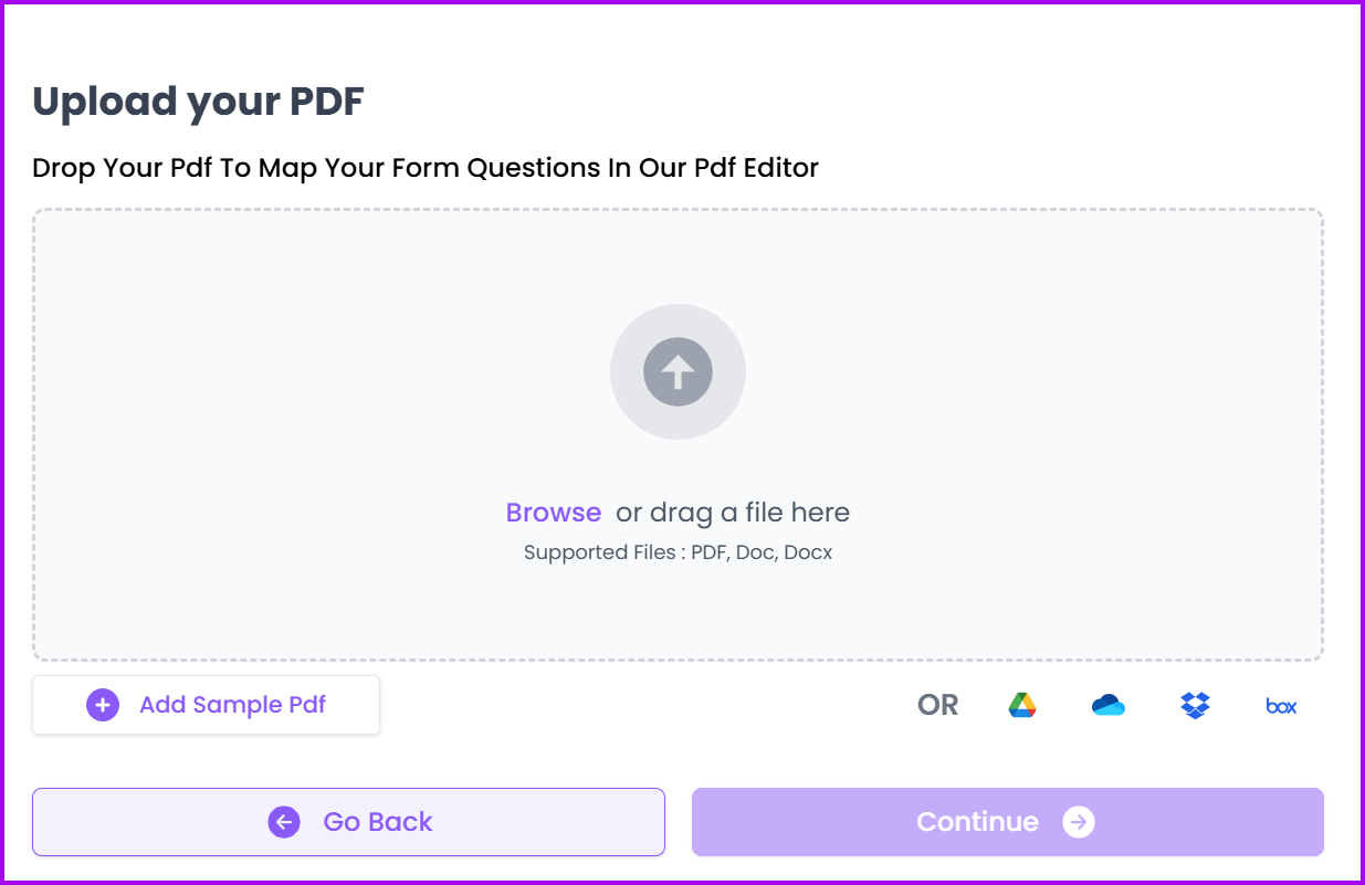 Upload your PDF in BoloSign editor with options to drag, browse, and map questions