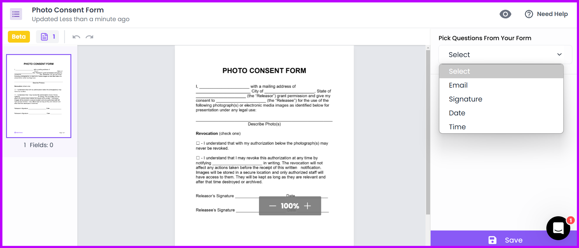 Photo Consent Form showing mapping of fields like email, signature, date, and time