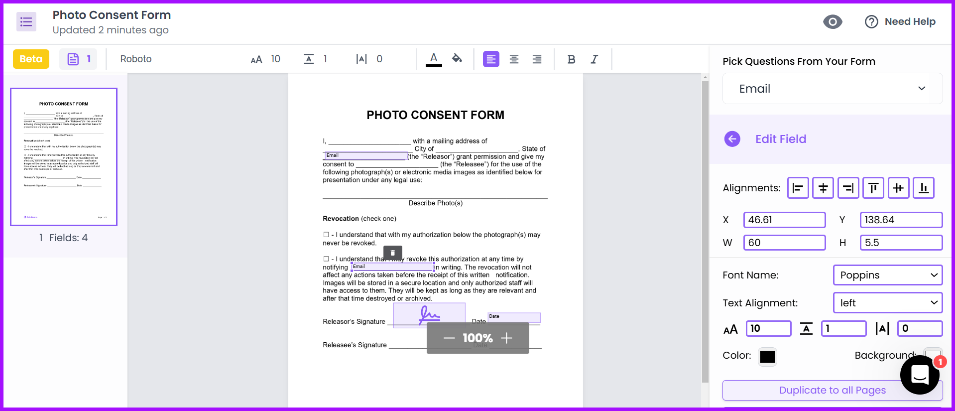 Editable fields on Photo Consent Form with alignment and formatting options in BoloSign