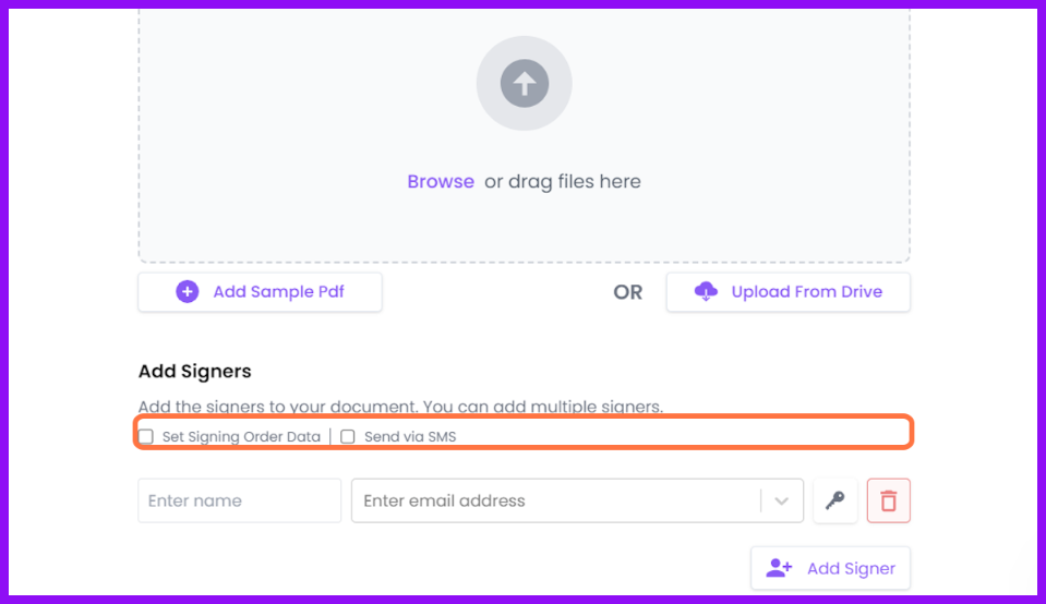 Add signers interface with SMS delivery option for documents