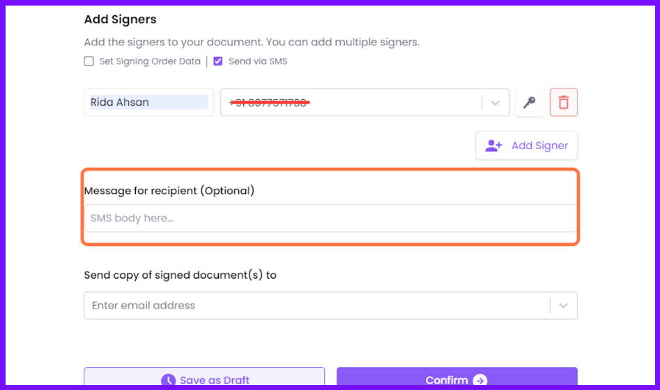Optional SMS message box for sending documents to signers